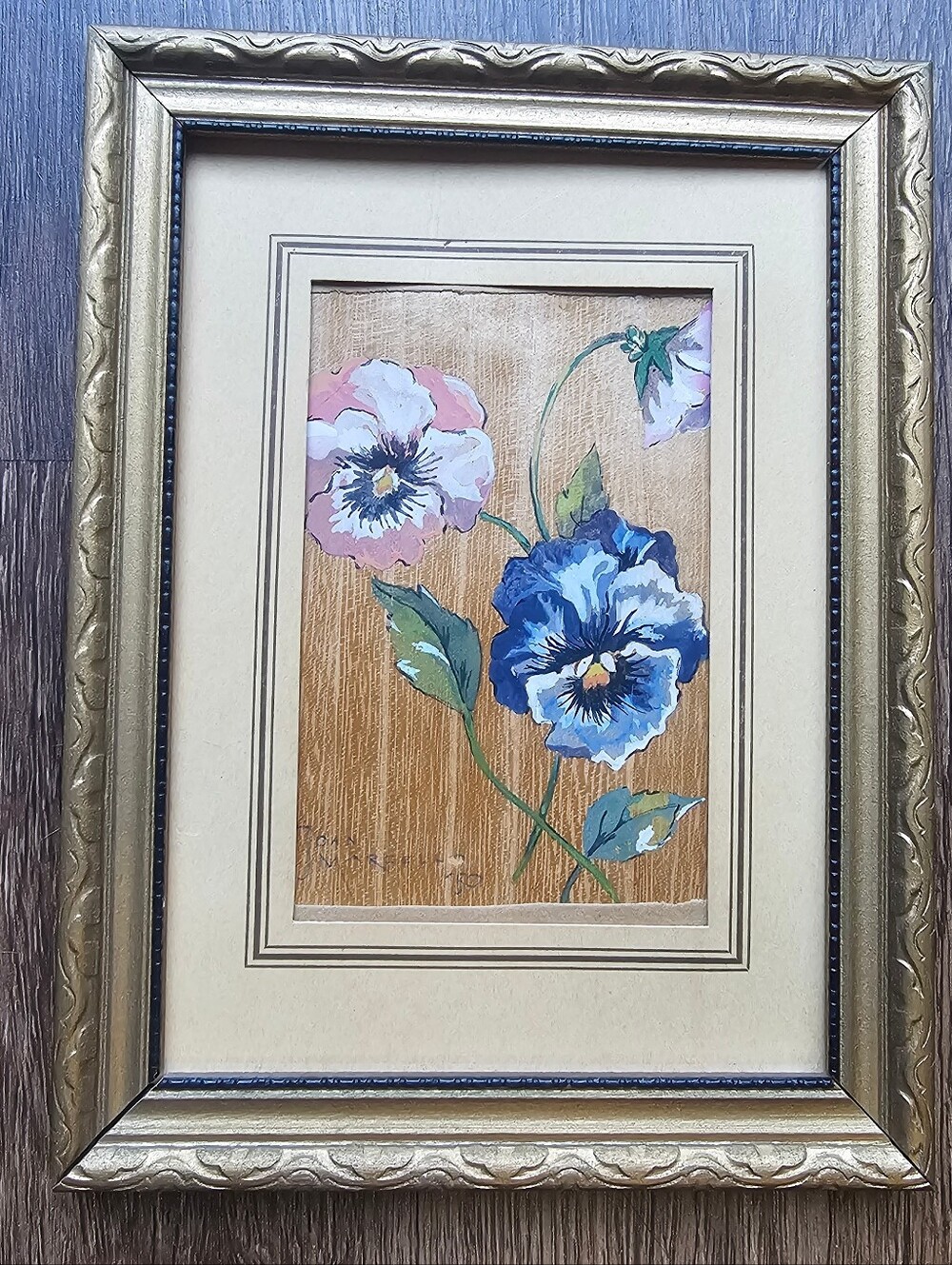 Small 6x8 Painting In Gold Frame Vintage 1950 50s Pansey Floral Signed Art pansi